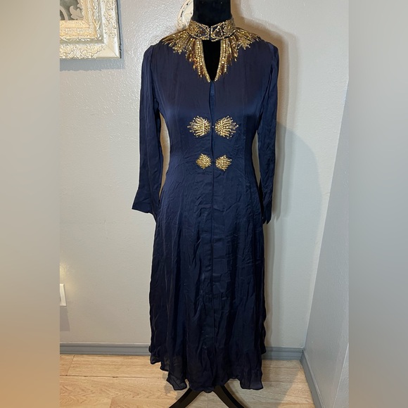 Elegant Navy Blue Dress with Gold Accents - www.armafbd.com Elegant Navy Blue Dress with Gold Accents - www.armafbd.com